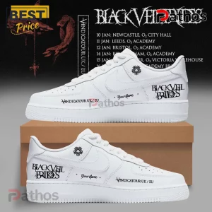 Custom white sneakers featuring Black Veil Brides logos, Vindicatour text, and personalized name fields on side panels.!