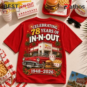 Red cotton t-shirt featuring 78 years of In-N-Out graphic with a vintage car, restaurant building, burger, and fries.!