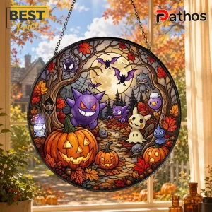 Halloween Cute Monster Stained Glass Suncatcher 1 Halloween Cute Monster Stained Glass Suncatcher featuring purple creatures, carved pumpkins, and autumn leaves in a frame.