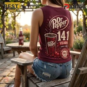 Dr Pepper 141 Years Anniversary Burgundy V-Neck Tank Top 2 Dr Pepper 141 Years Anniversary burgundy V-neck tank top featuring a soda fountain glass graphic and vintage logo text.
