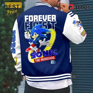 Blue and white Sonic the Hedgehog bomber jacket with Forever Fast text, a yellow ring, and 35th anniversary graphic.!