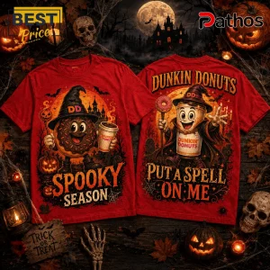 Dunkin Donuts Spooky Season Halloween T-Shirt featuring a cartoon donut and coffee cup mascot on red fabric.