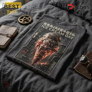 Rammstein Ice Cream Day Vintage Charcoal T-Shirt 3 Charcoal grey Rammstein Ice Cream Day graphic t-shirt with industrial factory background, folded on a textured bed sheet.!