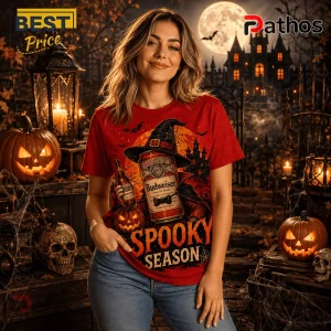 Budweiser Halloween Spooky Season Red T-Shirt 3 Budweiser Halloween Spooky Season red t-shirt featuring a witch-hatted beer can, pumpkins, and a haunted mansion graphic.