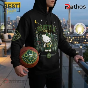 Seattle Storm x Hello Kitty black pullover hoodie featuring a city skyline, stars, and basketball team branding.