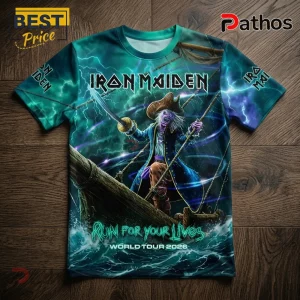 Iron Maiden T-shirt featuring Eddie as a pirate on a ship at sea with teal lightning and text Run For Your Lives 2026.!