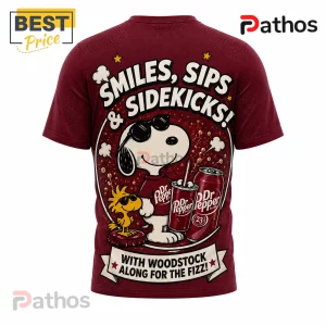 Snoopy x Dr Pepper Limited Edition Maroon T-Shirt featuring Snoopy and Woodstock wearing sunglasses beside soda cans.