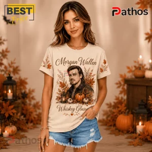 Morgan Wallen Autumn Harvest 2026 T-Shirt featuring a portrait graphic with fall foliage, pumpkins, and rustic lanterns.