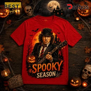AC/DC Spooky Season Halloween Red T-Shirt 1 AC/DC Spooky Season Halloween Red T-Shirt featuring Angus Young with devil horns and guitar against a full moon background.