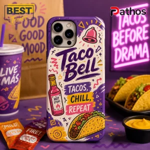 Taco Bell branded smartphone case with hot sauce, taco graphic, and purple, yellow, and white color scheme on table.!