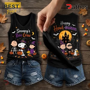Snoopy Boo Crew Halloween Black V-Neck Tank Top 1 Snoopy Boo Crew Halloween Black V-Neck Tank Top featuring Peanuts characters in costumes on a rustic wooden background.