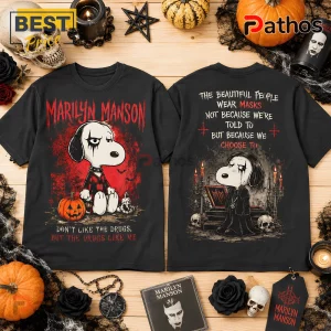 Marilyn Manson x Snoopy Gothic Halloween T-Shirt 1 Marilyn Manson x Snoopy Gothic Halloween T-Shirt featuring dual-sided prints of Snoopy in goth makeup on black cotton fabric.