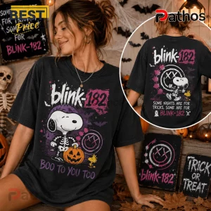 Blink-182 x Snoopy Skeleton Halloween Black T-Shirt 2 Blink-182 x Snoopy Skeleton Halloween Black T-Shirt featuring a graphic of Snoopy as a skeleton holding a jack-o-lantern.