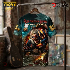 Iron Maiden Run For Your Lives 2026 tour graphic t-shirt featuring Eddie character breaking through debris wall.!