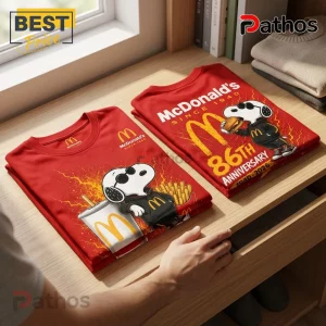 McDonalds Snoopy 86th Anniversary Red T-Shirt 1 McDonalds Snoopy 86th Anniversary Red T-Shirt featuring a graphic of Snoopy with fries and a drink on folded red fabric.