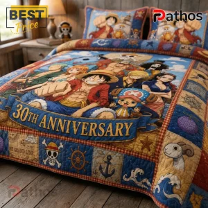 One Piece Straw Hat Pirates 30th Anniversary Quilt Set 4 One Piece Straw Hat Pirates 30th Anniversary Quilt Set featuring Monkey D. Luffy and crew on a colorful fabric backdrop.