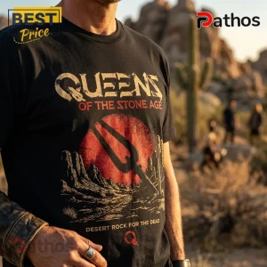 Black cotton t-shirt featuring Queens of the Stone Age logo, red sun, desert landscape, and Desert Rock For The Dead text.!