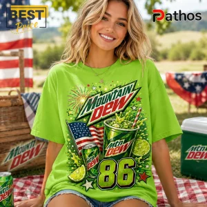 Mountain Dew 1940-2026 Anniversary Green T-Shirt 3 Woman wearing a bright lime green cotton t-shirt with a Mountain Dew logo, American flag, and 86 graphic print.!