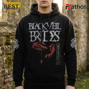 Black hooded sweatshirt with Black Veil Brides gothic white text, red hand graphic, and sleeve detailing on stone backdrop.!
