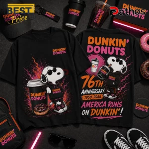 Dunkin Donuts Snoopy 76th Anniversary Black T-Shirt featuring Snoopy in a hoodie with coffee and 76th anniversary text.