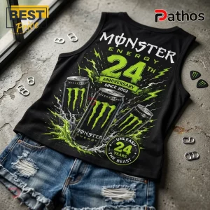 Monster Energy 24th Anniversary Black V-Neck Tank Top 1 Monster Energy 24th Anniversary Black V-Neck Tank Top featuring green lightning graphics and soda can prints.