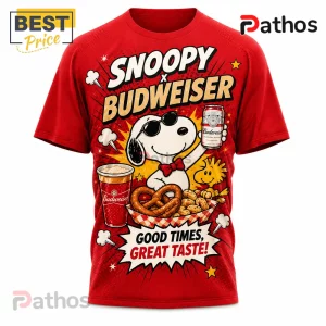 Snoopy x Budweiser Vintage Comic T-Shirt featuring Snoopy wearing sunglasses with a beer, pretzels, and peanuts on red.