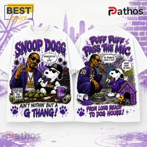 Snoop Dogg x Snoopy Vintage Style T-Shirt showing front and back prints with purple graphics and cartoon character art.