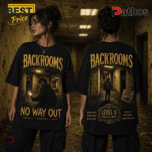 Backrooms Level 0 Endless Maze Horror T-Shirt 4 Black graphic t-shirt featuring Backrooms Level 0 imagery with yellow text saying No Way Out and Endless Maze.!