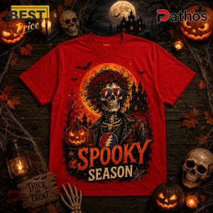 Grateful Dead Halloween Skull Roses Red T-Shirt 1 Grateful Dead Halloween Skull Roses Red T-Shirt featuring a skeleton with sunglasses, a full moon, and Spooky Season text.