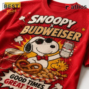 Snoopy x Budweiser Vintage Comic T-Shirt featuring Snoopy wearing sunglasses and a red bow tie with a beer and pretzel.