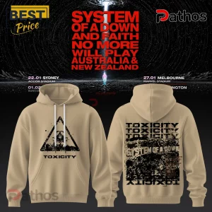 System of a Down Australia Tour 2027 tan hoodie featuring Toxicity graphics, front triangle logo, and back band print.