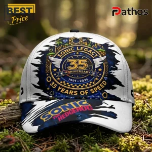 Sonic the Hedgehog 35th anniversary white and blue baseball cap with Sonic Legacy emblem and checkered pattern.!
