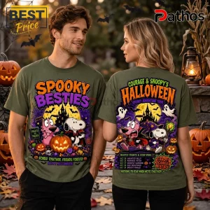 Snoopy x Courage The Cowardly Dog Olive Halloween T-Shirt 4 Snoopy x Courage The Cowardly Dog Olive Halloween T-Shirt featuring cartoon characters in costumes on a dark forest background.