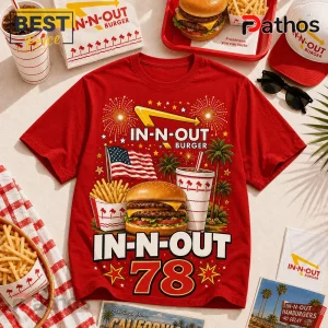 Red cotton crew neck t-shirt featuring In-N-Out Burger graphics, including a double cheeseburger, fries, and palm trees.!