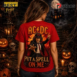 AC/DC Spooky Season Halloween Red T-Shirt 4 AC/DC Spooky Season Halloween red t-shirt showing Angus Young graphic, bats, full moon, and text on a dark backdrop.