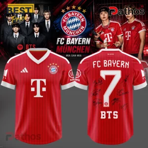 Red FC Bayern Munich soccer jersey featuring number 7 and BTS text with digital signatures on back, white trim, and logo.!
