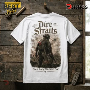 Dire Straits Military Theme White T-Shirt 3 White t-shirt featuring Dire Straits text, a soldier with a guitar in a war zone, and the slogan Stand Ready. Move with Fire.!