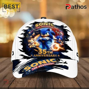 Sonic The Hedgehog 35th Anniversary White Baseball Cap 6 Sonic the Hedgehog 35th anniversary white baseball cap with multi-character graphic on front and blue brim text.!