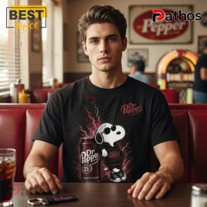 Dr Pepper x Snoopy 141st Anniversary Lightning Black T-Shirt 1 Dr Pepper x Snoopy 141st Anniversary Lightning Black T-Shirt featuring a cool Snoopy graphic and soda can print.
