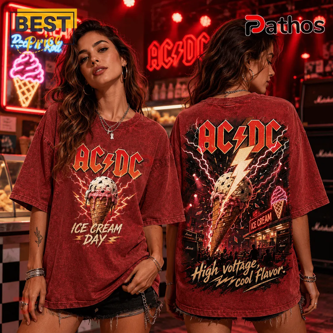 AC/DC Rock and Roll Red Acid Wash T-Shirt AC/DC Rock and Roll Red Acid Wash T-Shirt