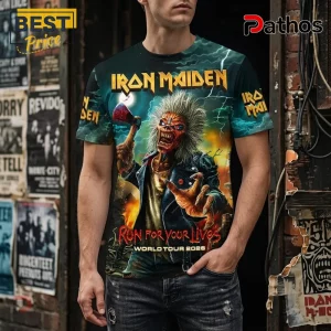 Iron Maiden graphic t-shirt featuring Eddie holding an axe with lightning, flames, and Run For Your Lives text overlay.!