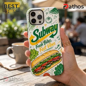 Subway branded iPhone case with white background, green logo, sandwich illustration, and text Fresh Bites, Fast Vibes.!