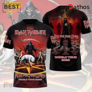 Iron Maiden Run For Your Lives 2026 Tour T-Shirt featuring grim reaper graphics, white wolf, and global tour date list.
