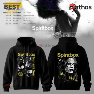 Black hoodie with Spiritbox Tsunami Sea graphic, yellow text, and white illustrated portrait on back and front.!