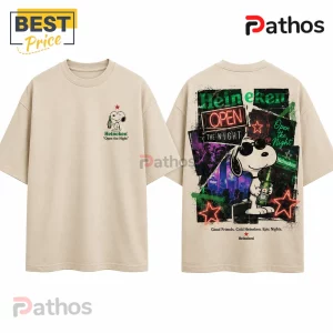 Heineken Snoopy Open The Night Beige T-Shirt 4 Beige oversized crewneck t-shirt featuring a Snoopy graphic with a Heineken bottle and Open the Night text branding.!