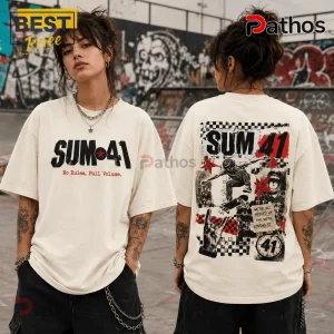 Off-white cotton t-shirt with Sum 41 band logo, skateboarder collage graphic, and checkered patterns on front and back.!