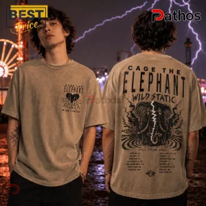 Tan vintage-wash t-shirt with Cage The Elephant Wild Static graphic and 2025 tour dates printed on front and back.!