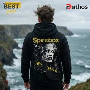 Black hoodie with Spiritbox band logo and monochrome graphic of a face on the back against an ocean cliff backdrop.!