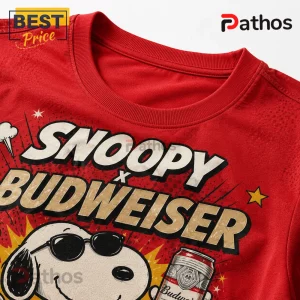 Snoopy x Budweiser Vintage Comic T-Shirt featuring a red graphic print of Snoopy wearing sunglasses next to a beer can.