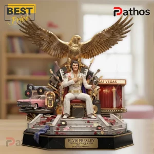 Elvis Presley collectible statue featuring the singer on a throne beneath a large golden eagle, Las Vegas stage, and car.!